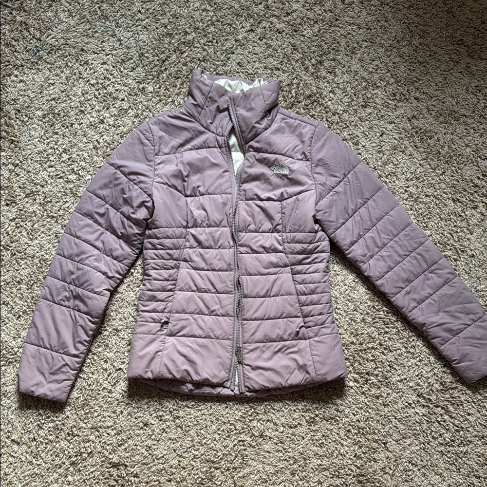 The North Face Purple Puffer Jacket with Stand-Up Collar